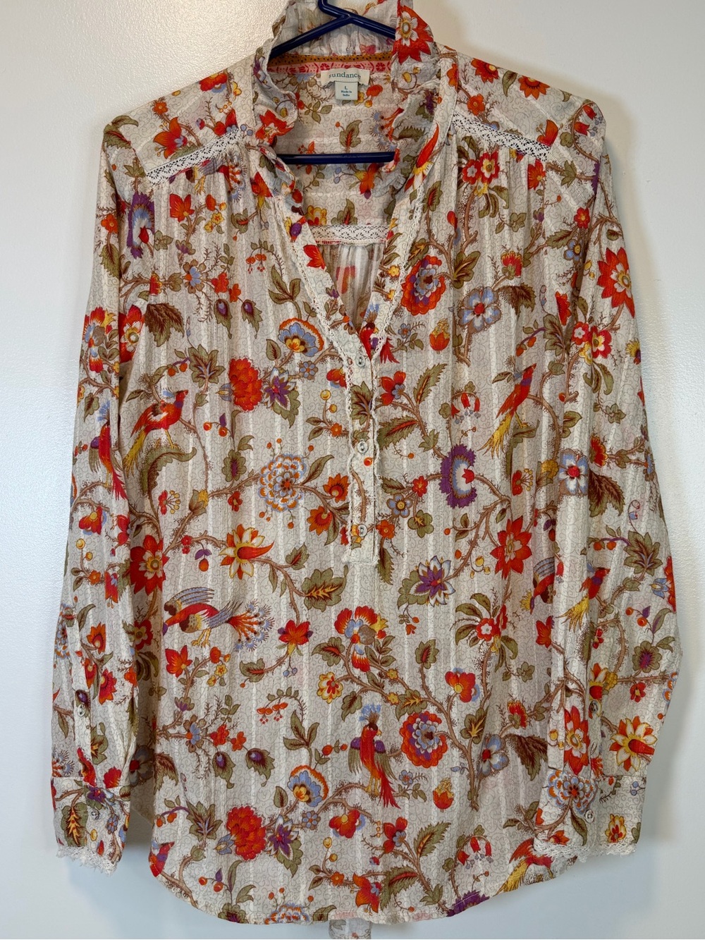 Sundance Cream Botanical & Bird Button-Front Ruffle Blouse Boho Women’s Large